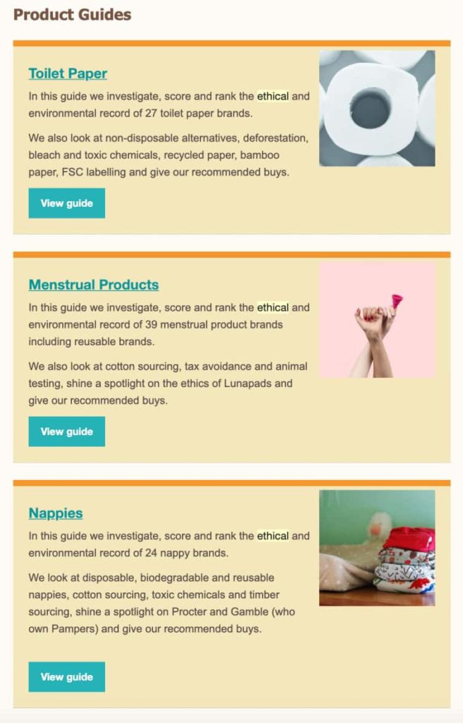 Examples of different product guides created by Ethical Consumer Magazine: Toilet Paper, Menstrual Products, Nappies