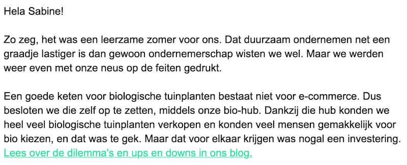 Dutch example snippet from an email newsletter sent by SPRINKLR. Translation below.