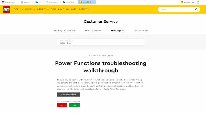FAQ article on the leco customer service website offering a troubleshooting walkthrough for power functions.