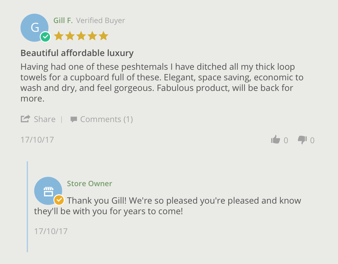 screenshot showing a positive review for the company lukslinen and a friendly comment from one of the team