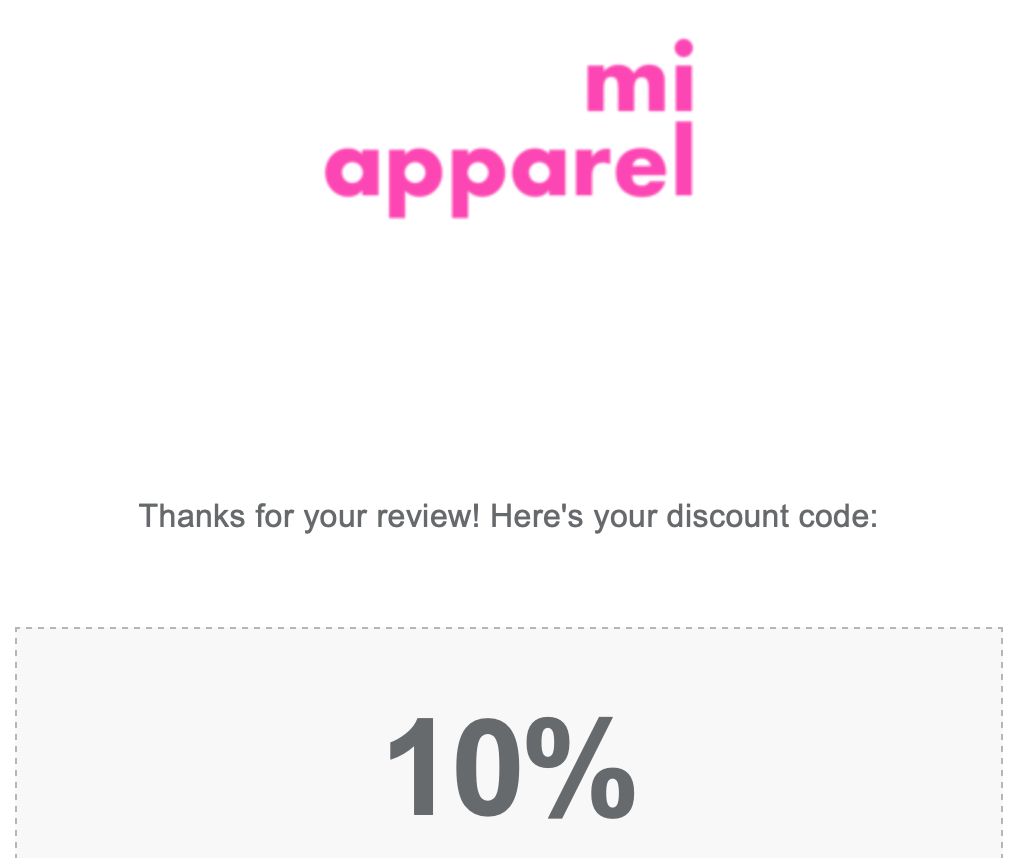 Screenshot from an email sent by mi apparel, showing the mi apparel logo. Copy reads "Thanks for your review! Here's your discount code:" and then part of the 10% discount code in a grey box.