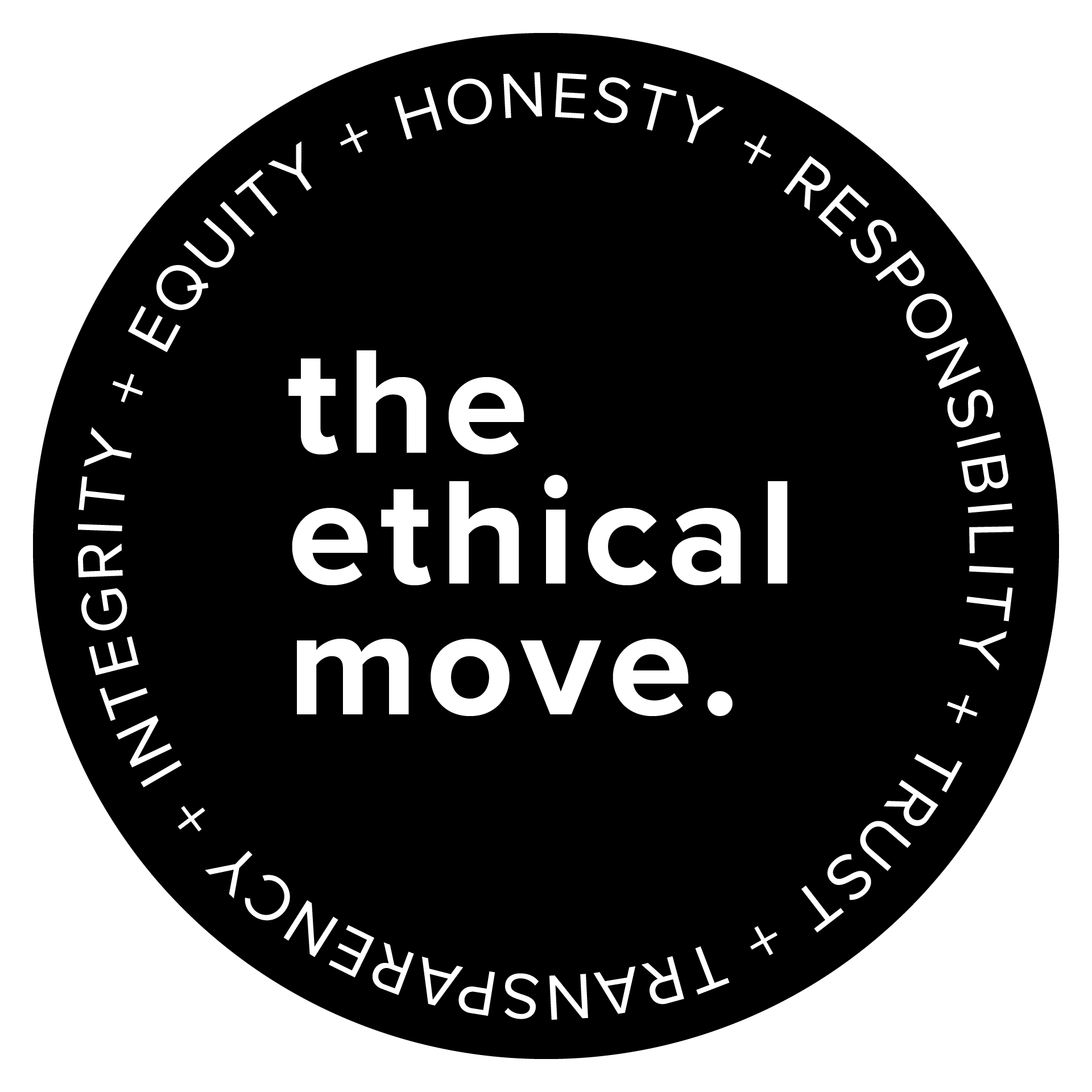 The Ethical Move badge showing the logo and values:equity, honesty, responsibility, trust, transparency, integrity