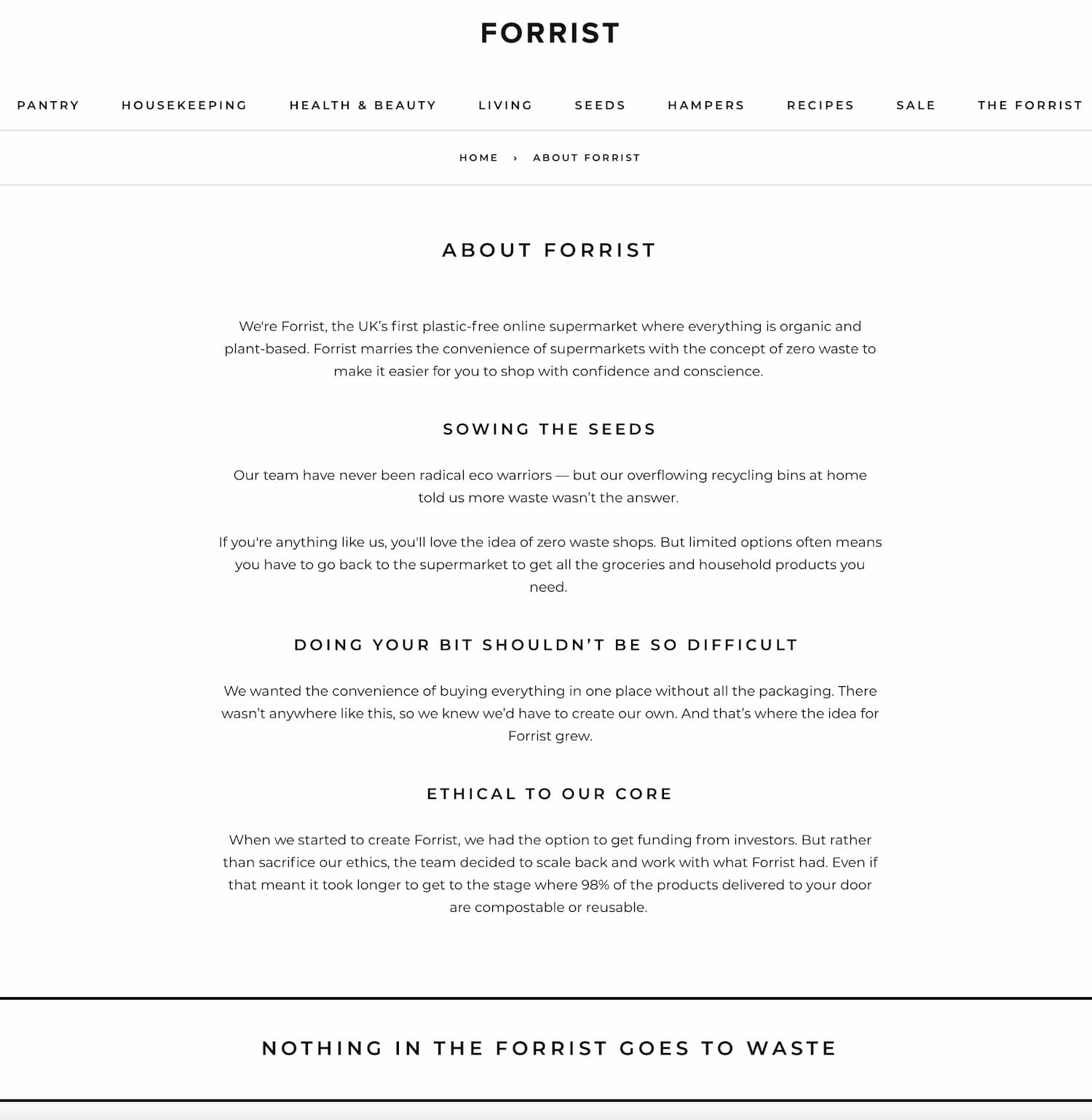 An example of how to write a great about page for a sustainable e-commerce brand including forest metaphor
