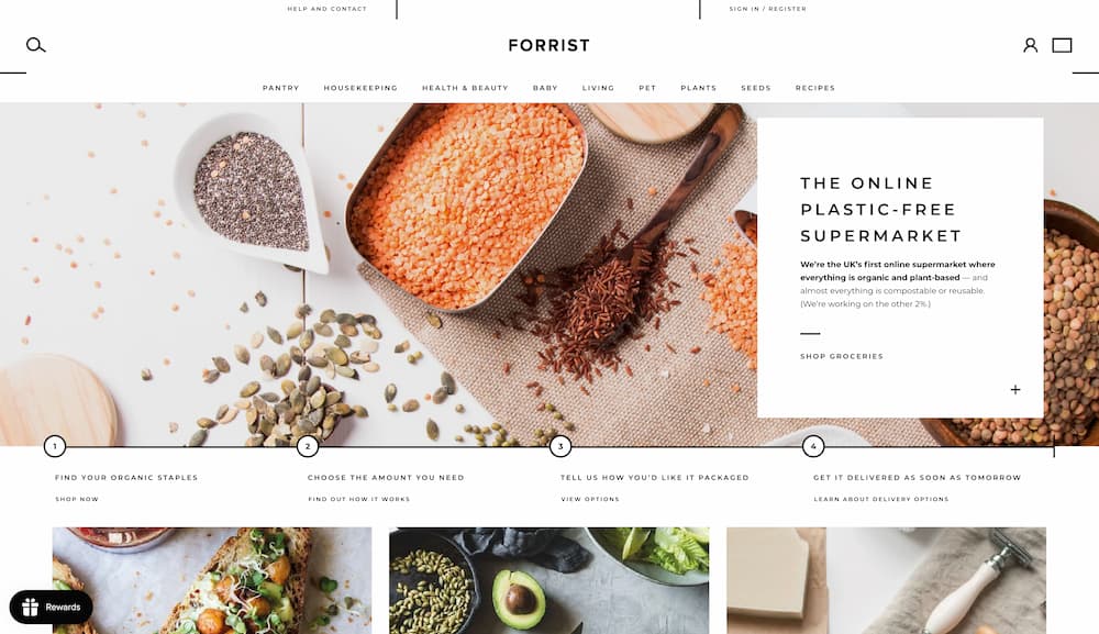 The H1 “The online plastic-free supermarket” and the text underneath “We’re the UK’s first online supermarket where everything is organic and plant-based –  and almost everything is compostable or reusable. (We’re working on the other 2%.)