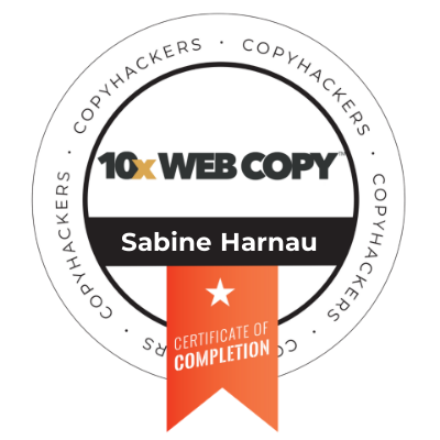 Copyhackers certificate for Sabine Harnau's completion of the course '10x Web Copy'